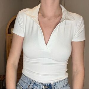 Zara White Short Sleeve Collared Bodysuit Top V Neck Style Size Medium Women’s